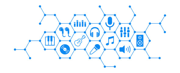 Music , audio , sound vector illustration. Blue concept with icons related to media , studio production recording, listening to music with headphones or earphones, musical equipment and technology