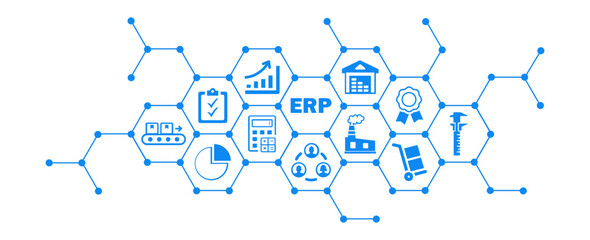 ERP vector illustration. Concept with connected icons related to enterprise resource planning software, system or interface, company management resources and corporate information or strategy
