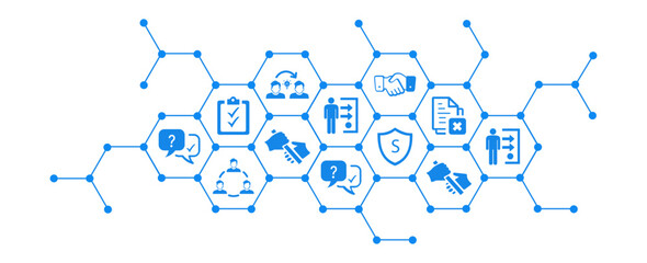 offboarding hr measures vector illustration. Concept with connected icons related to layoff workers, resignation, change management, downsizing and contract termination.