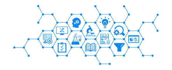 Research development vector illustration. Concept with connected icons related to project management, product design or engineering, business development, r d process using technology, engineering.