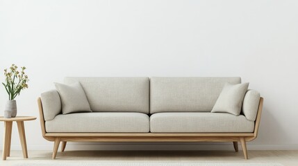 A modern sofa with light gray fabric upholstery and wooden frame sits in a minimalist living room with a small side table and a vase of flowers.