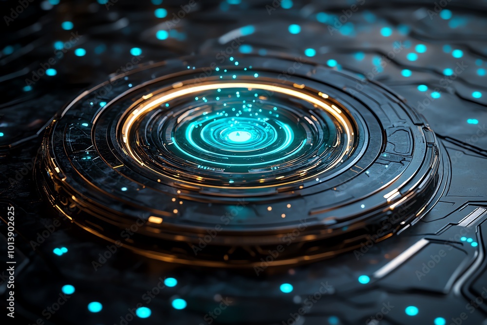 Poster Minimal warp core with a soft glowing center and delicate rings of light, with subtle futuristic design