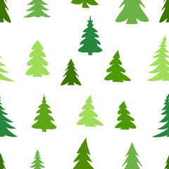 A seamless pattern featuring different green Christmas trees. The design is simple and vibrant against a white background. Vector illustration