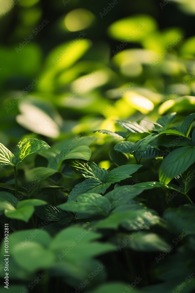 Poster abstract green leaves background with shallow depth of field. close up of lush foliage with blurred 