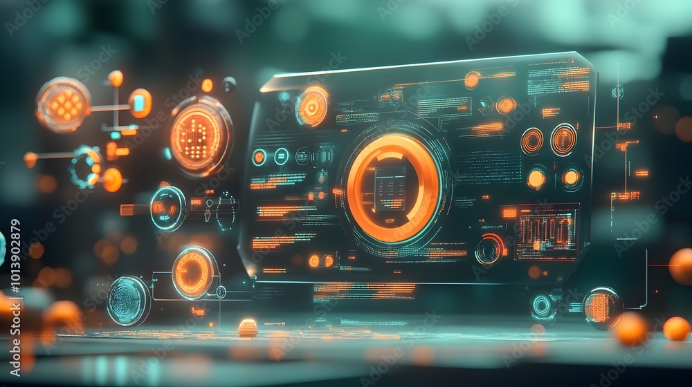 Poster sleek and modern digital backdrop featuring streamlined forms transparent displays and data inspired