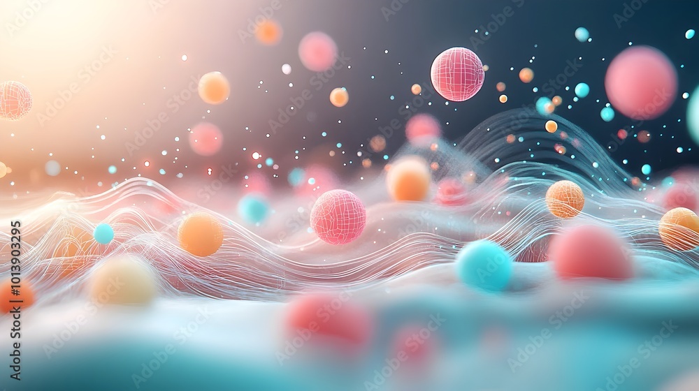 Poster playful digital setting with colorful data particles whimsical 3d graphics abstract technology motif