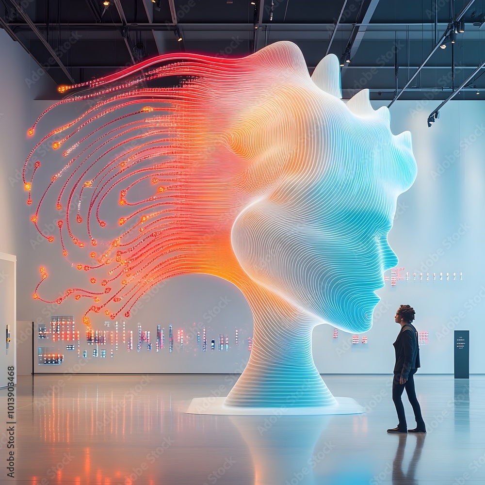 Poster mesmerizing digital data sculpture composed of interwoven holographic forms and pulsating informatio