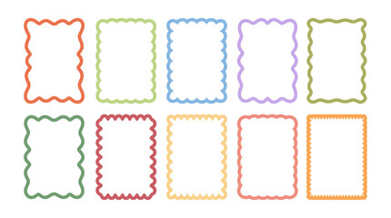 Set of colourfull retro frames with  featuring curvy, squiggly, wavy designs. Scalloped edges with a wavy pattern. Adorable curved frames with retro-style wavy edges.
