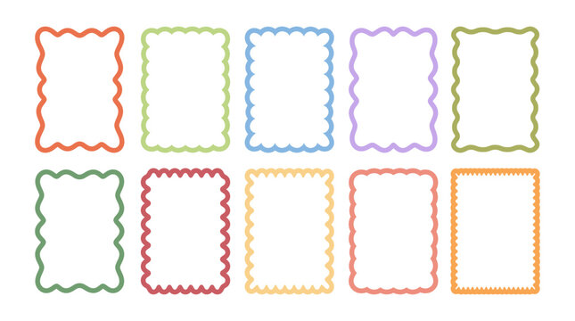 Set of colourfull retro frames with  featuring curvy, squiggly, wavy designs. Scalloped edges with a wavy pattern. Adorable curved frames with retro-style wavy edges.