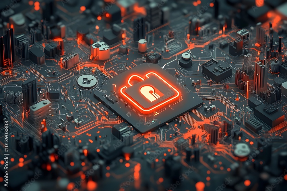 Poster encrypted digital frontier with luminous padlock icon on futuristic virtual landscape showcasing int