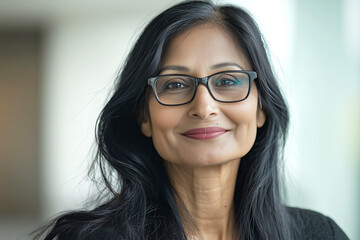 Obraz premium Confident professional Indian woman smiling with glasses in office setting