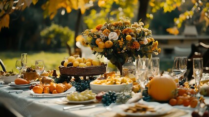 A table decorated with autumn elements and a white family gathered for a festive outdoor meal.