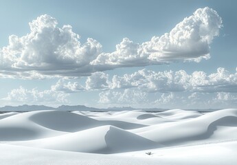Gentle undulating sand dunes stretch across the landscape, contrasting with a bright, cloudy sky in a tranquil desert setting
