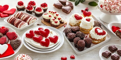 Sweet Treats Table: Depict a dessert table filled with heart-shaped cookies, cupcakes, and chocolates, beautifully arranged for a Valentines celebration.