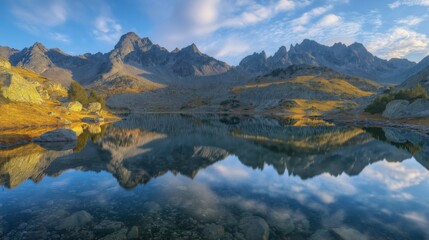 Fototapeta premium A stunning view of majestic mountains reflecting in a calm lake under a clear blue sky.