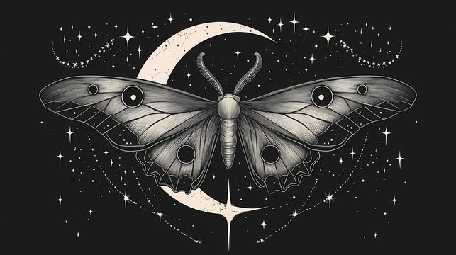 A minimal line drawing of a luna moth with a crescent moon and stars. Lunar Eclipse. Illustration