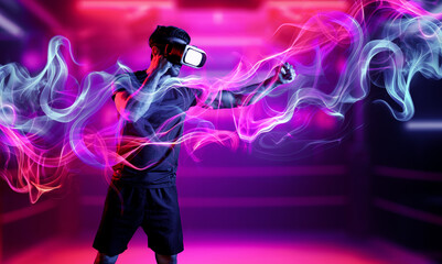 Man wearing VR glass and smashing or punching at camera in neon boxing arena. Sport gamer boxing and moving gesture in metaverse or virtual world while using digital technology innovation. Deviation.