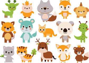 Fototapeta premium Cute animal cartoon vector illustration set