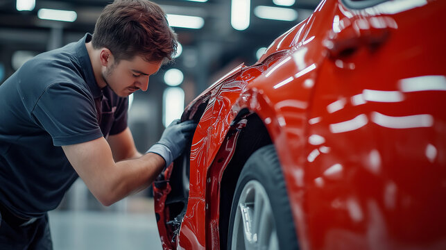 
An experienced auto body repair specialist is meticulously fixing dents in car fenders, focusing on restoring the vehicle to its original state with a flawless finish and specialized techniques. - Powered by Adobe