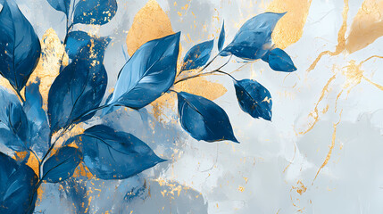 A painting of blue and gold leaves against white and gray background, with gold leaf accents close-up. Gold Leaf Accent. Illustration
