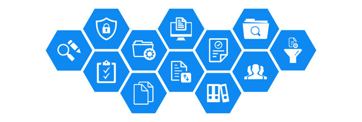 Document management vector illustration. Blue concept with no people related to digital file storage system software, corporate records keeping, database technology, remote file access, doc sharing