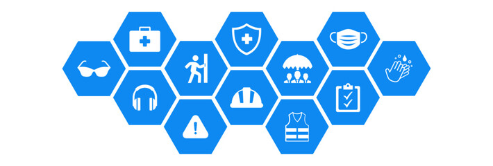 Occupational health and safety vector illustration. Blue concept with icons related to hazard prevention, accident protection in the workplace, safety equipment , gear, caution in dangerous situations