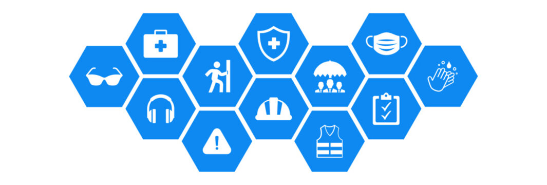 Occupational health and safety vector illustration. Blue concept with icons related to hazard prevention, accident protection in the workplace, safety equipment , gear, caution in dangerous situations