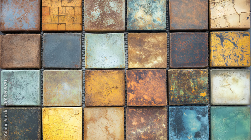 Aufkleber a collection of square tiles arranged in a grid pattern. each tile displays a unique blend of colors