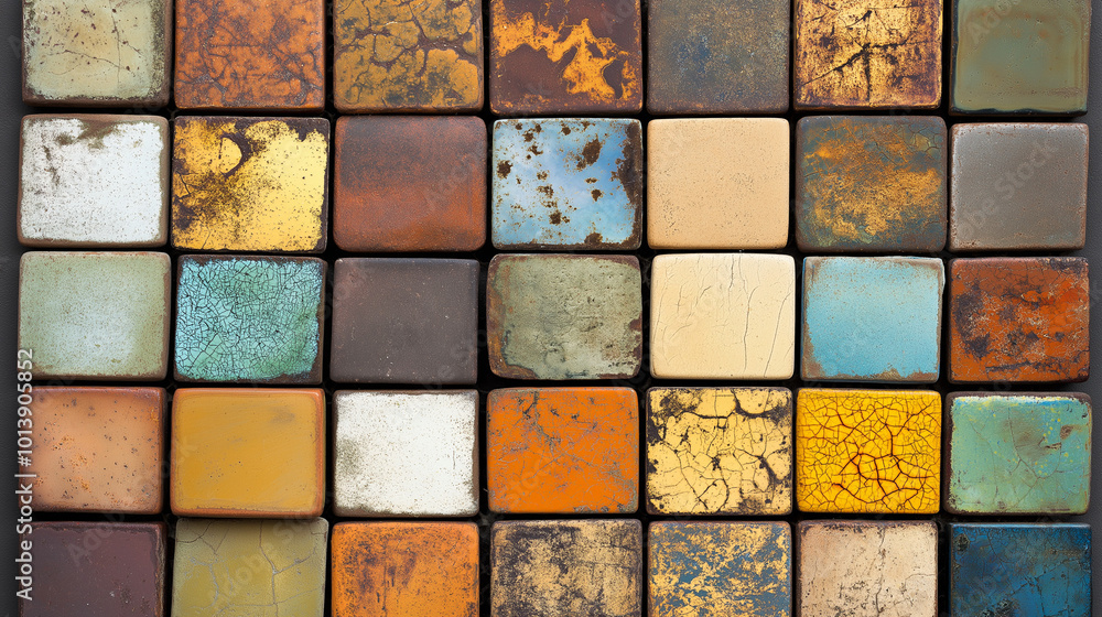 Fototapete a collection of square tiles arranged in a grid pattern. each tile displays a unique blend of colors