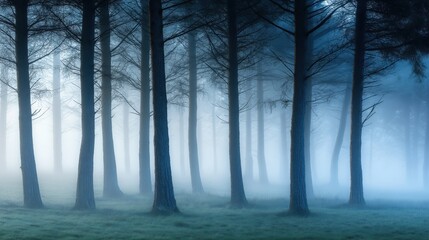 Naklejka premium A serene foggy forest with tall trees shrouded in mist.