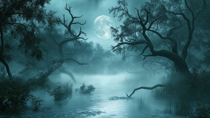 A mystical foggy forest scene illuminated by a full moon, with eerie trees and still water.