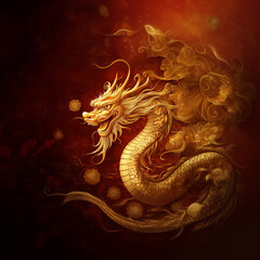 Fototapeta premium Golden Dragon Ascending: A majestic golden dragon, adorned with intricate details, ascends against a fiery red background, symbolizing power, strength, and prosperity in Chinese culture. 