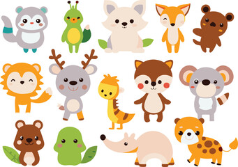 Fototapeta premium Cute animal cartoon vector illustration set