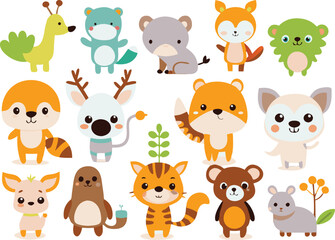 Cute animal cartoon vector illustration set