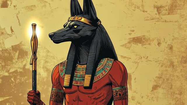 An illustration of Anubis, the Egyptian god of the dead, holding a staff with a glowing tip