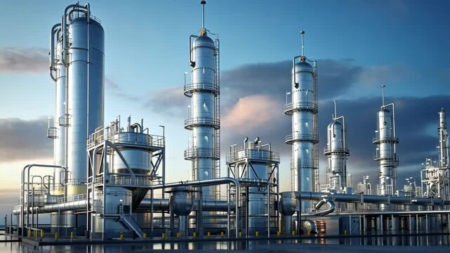 A large industrial complex with several tall towers and intricate piping stands against a cloudy sky