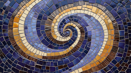 Fototapeta premium A beautifully crafted mosaic with concentric spirals. The mosaic comprises of small tiles, each with varying shades of blue, gold, and purple. The tiles are meticulously arranged to a form 