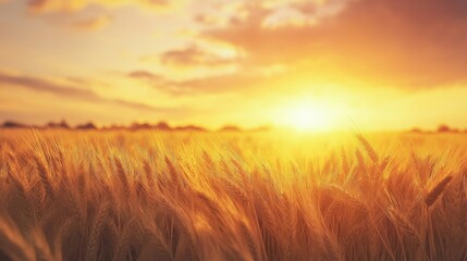 Obraz premium A beautiful wheat field illuminated by the warm glow of the setting sun.