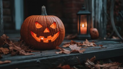 A carved pumpkin with a spooky face, surrounded by autumn leaves and a lantern.