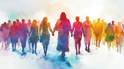 
A vibrant digital watercolor of jesus christ embracing people from diverse backgrounds, symbolizing unity and acceptance. The colorful depiction fosters a sense of love and inclusivity.