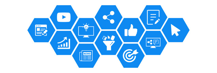 Creative writing vector illustration. Concept with connected icons related to content marketing, website communication and traffic, journalism, social media or blog