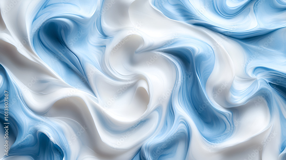 Poster artistic swirl of blue and white fabric textures creating a smooth, flowing pattern under diffused l