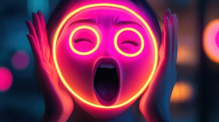 emoji with glowing neon lights, showing surprise or awe, with detailed HD quality and expressive gestures.