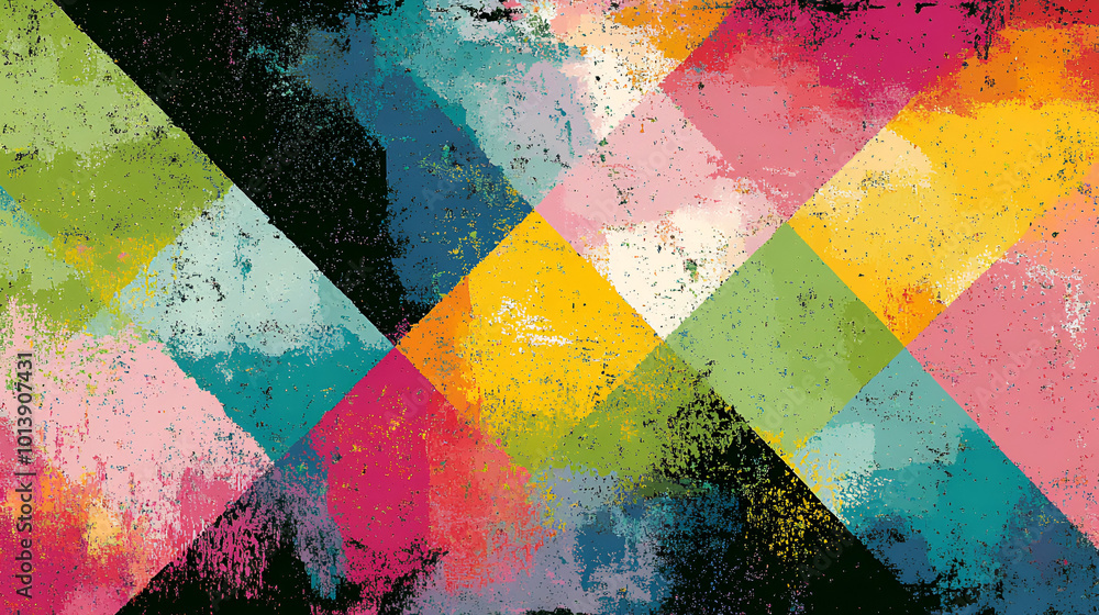 Poster colorful abstract geometric pattern with vibrant hues and textured background creating a lively arti