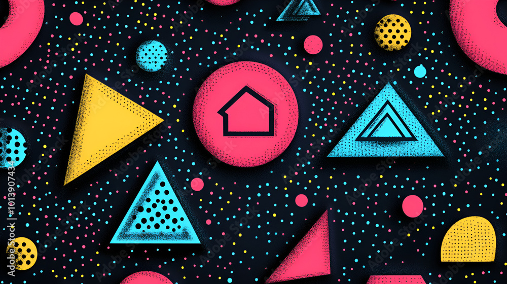 Aufkleber vibrant geometric shapes and patterns with dots in bright colors on a dark background creating an en