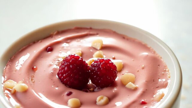 The camera zooms in on a yogurt parfait with layers of granola and berries under bounce light, creating a clean and appetizing look