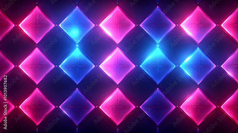 Poster a vibrant display of glowing pink and blue diamond shapes arranged in a repetitive pattern against a
