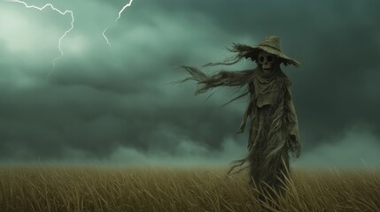 A spooky scarecrow standing in a barren field under a stormy sky with lightning.