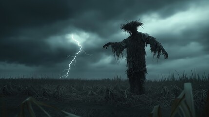 A scarecrow standing in a barren field under a stormy sky with lightning.