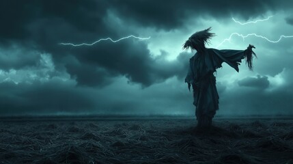 A scarecrow standing in a barren field under a stormy sky with lightning.
